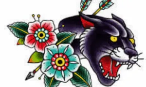 immagine di muso di pantera con due fiori tatuaggio stile hold school